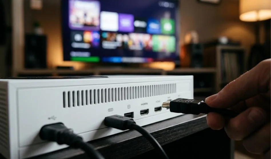 HDMI cable being plugged into the back of a white game console with a TV in the background