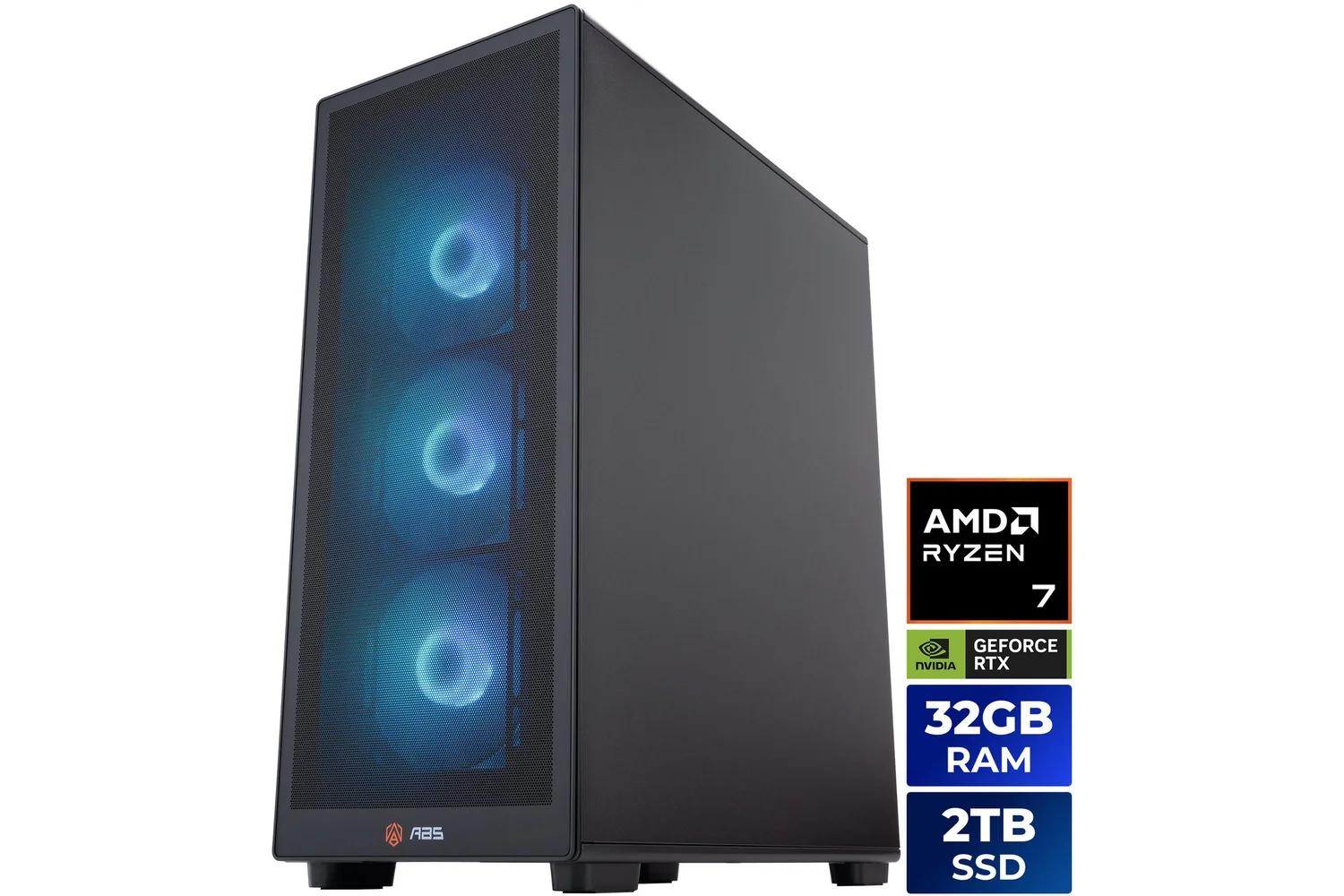 ABS Stratos II Ruby prebuilt gaming PC in a black case with RGB fans