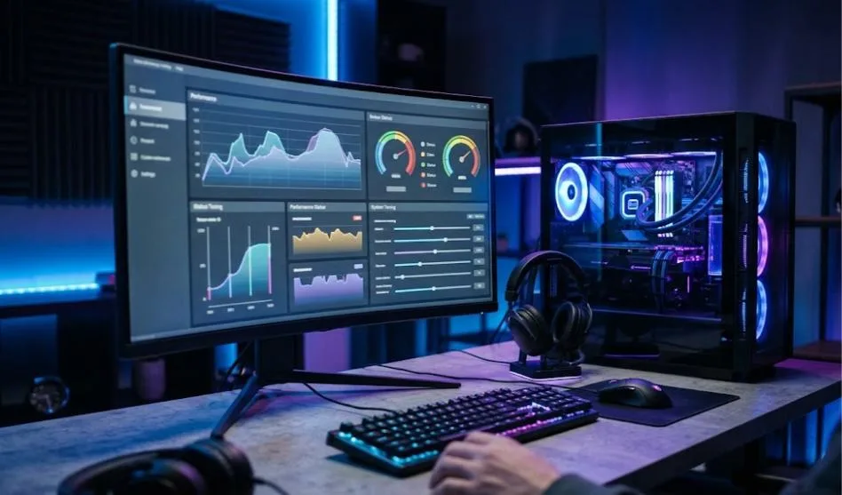 Gaming PC setup with a monitor showing performance graphs and tuning sliders beside an RGB tower