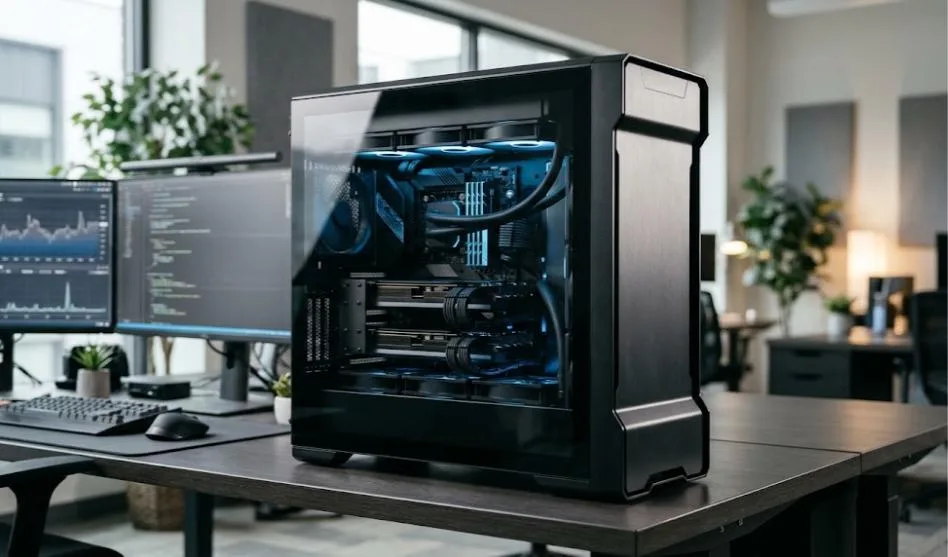 Full-tower AI workstation with glass side panel showing multiple graphics cards in a modern office