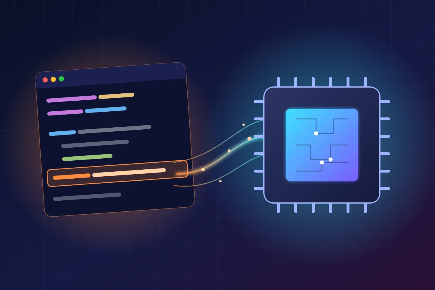 Illustration of a code editor line streaming data into an AI accelerator chip