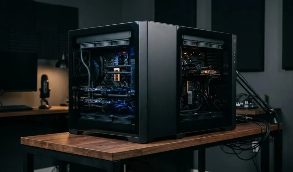 Black dual-chamber PC case housing two separate computers with glass panels and RGB lighting