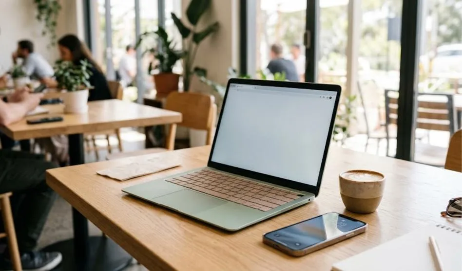Slim, affordable laptop open on a cafe table beside a coffee cup and smartphone