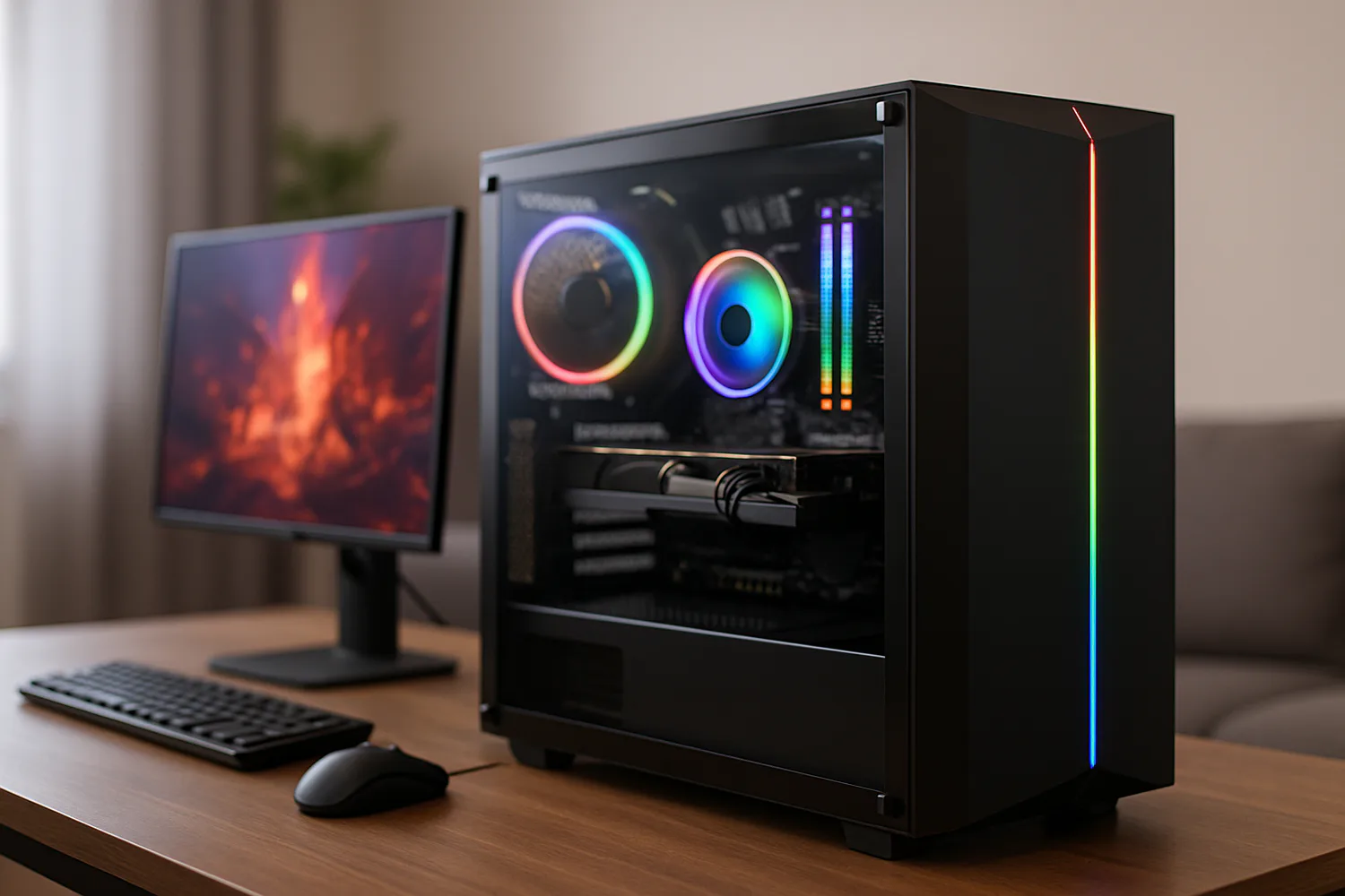 High-end gaming PC setup with monitors and LED lighting.