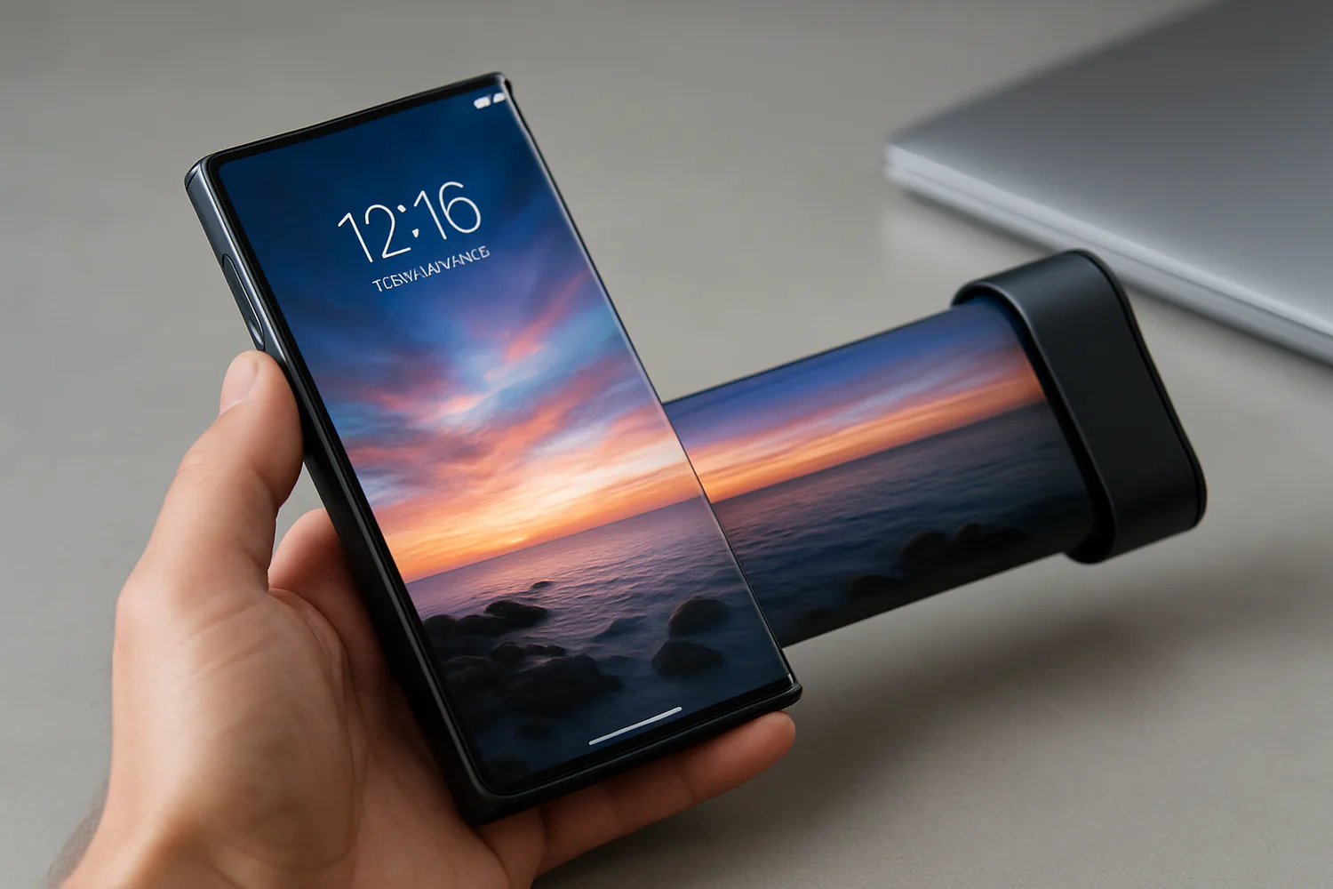 Rollable smartphone display showing extended screen