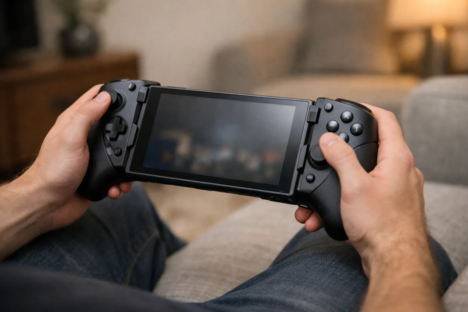 Hands holding a handheld games console clipped into a large controller grip on a sofa