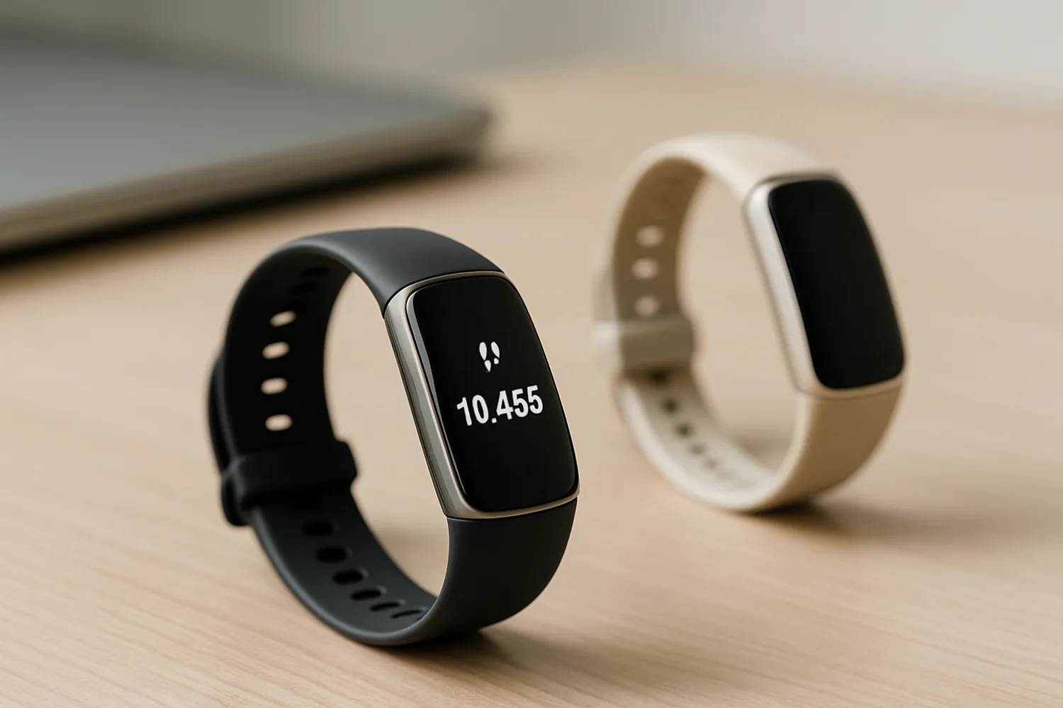 Two band-style fitness trackers, one black and one cream, standing on a wooden desk
