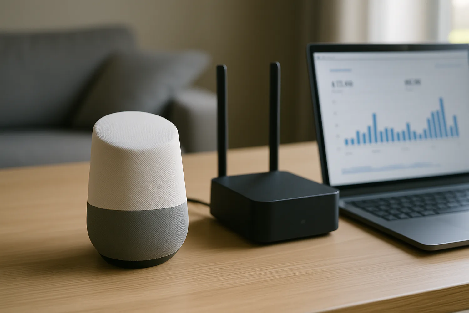 Google Home Speaker next to a Wi-Fi router and laptop showing data usage.