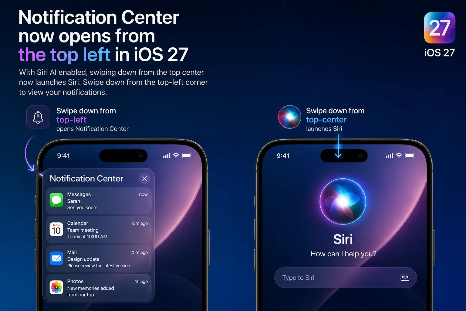 Notification Center now opens from the top left in iOS 27