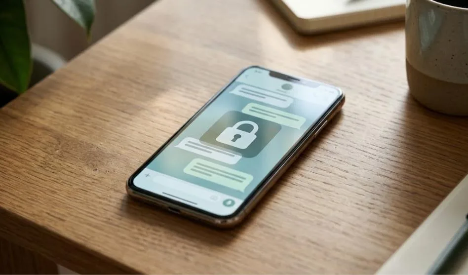 Smartphone on a wooden desk showing a chat app with a padlock icon, illustrating ChatGPT Locked Chats