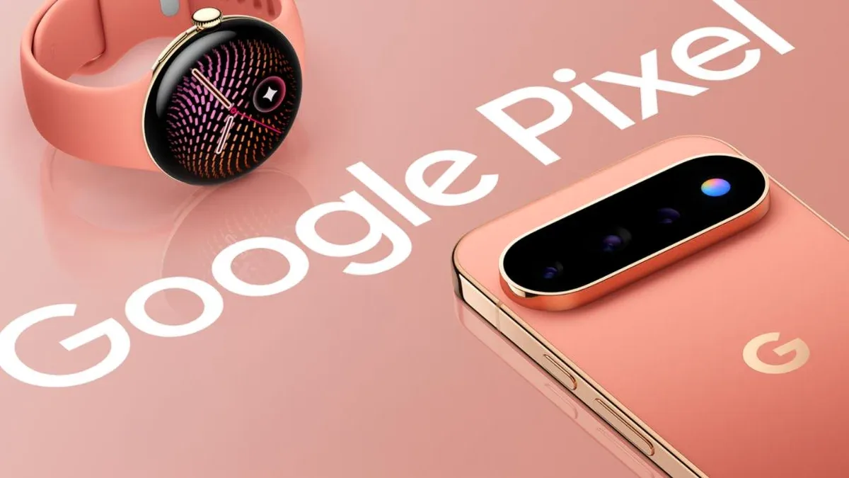 Google Pixel 11 phone in peach next to a Pixel Watch 5